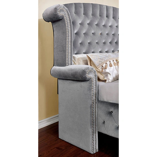 Gray FOA West Alzir nightstand with a modern wooden design, featuring a single drawer and open shelf for bedside storage.