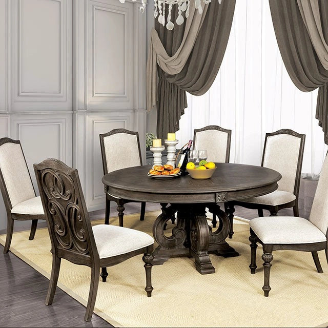Rustic natural tone round dining table by FOA West, featuring wood grain surface and sturdy wooden legs for a cozy dining space.