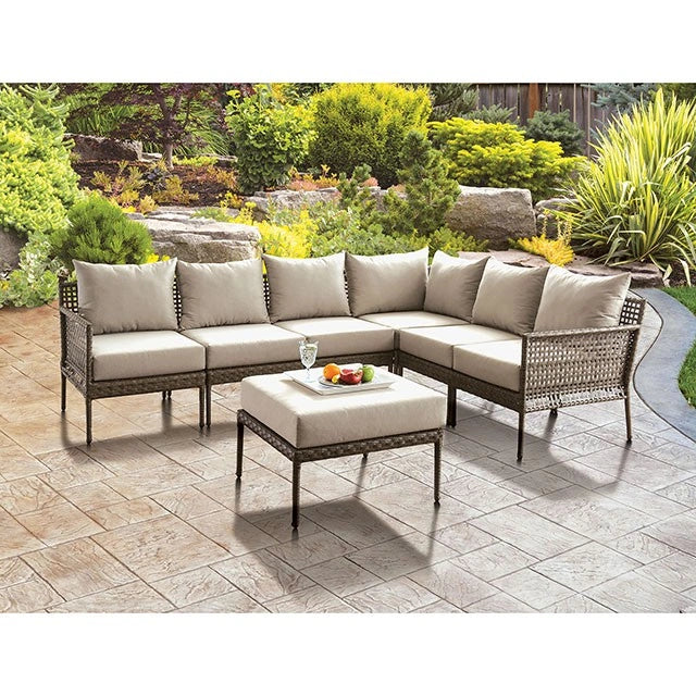 FOA West ALEISHA outdoor patio ottoman with cushioned top for comfortable outdoor seating and relaxation.