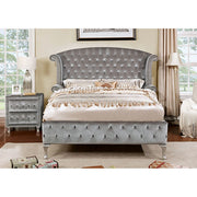 Gray FOA West Alzir nightstand with a modern design, featuring a drawer and open shelf for bedside storage.