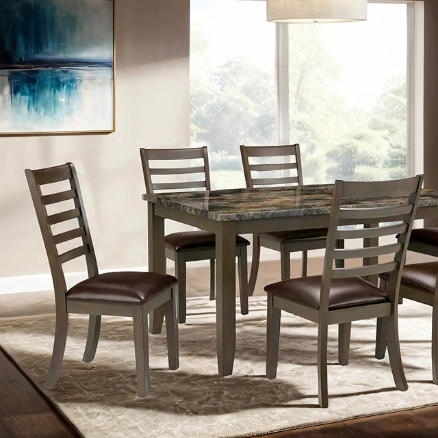 FoA West Adia 7-piece dining table set with grey and brown finish, featuring a rectangular table and matching chairs.