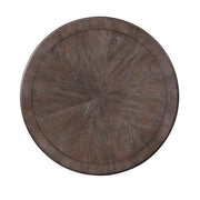 Rustic natural tone round dining table by FOA West, showcasing solid wood surface and sturdy legs for cozy kitchen or dining room.