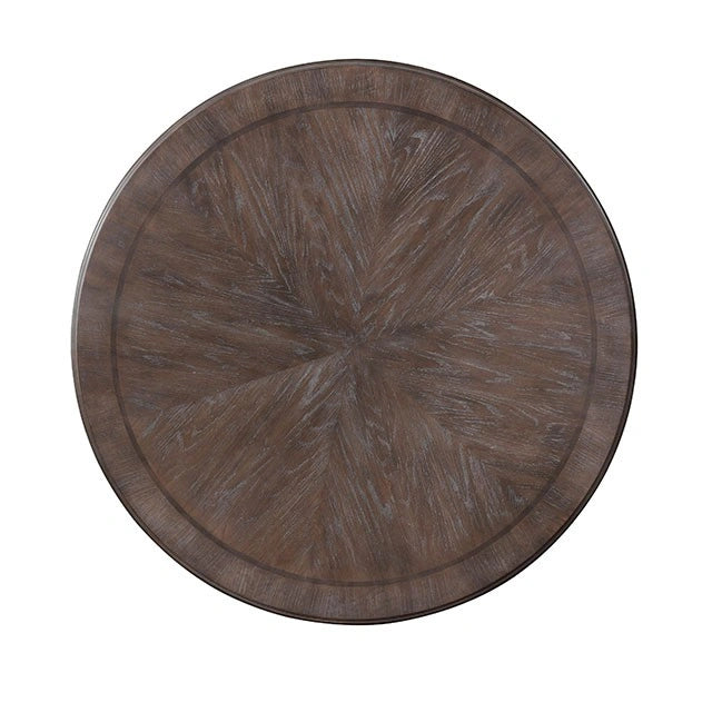Rustic natural tone round dining table by FOA West, showcasing solid wood surface and sturdy legs for cozy kitchen or dining room.