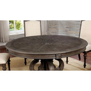 Rustic FOA West Arcadia round dining table with natural wood tone, smooth surface, and sturdy wooden legs, ideal for dining spaces.