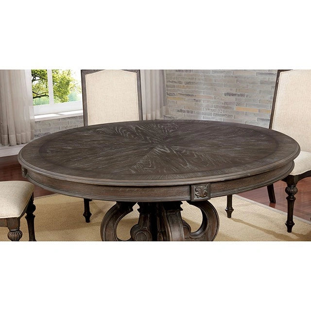 Rustic FOA West Arcadia round dining table with natural wood tone, smooth surface, and sturdy wooden legs, ideal for dining spaces.