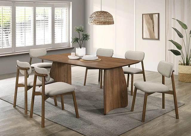 FOA West Alnwick 7-piece dining table set with wooden table and matching chairs, modern design for dining room decor