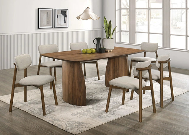 FOA West Alnwick 7-piece dining table set with wooden table and matching chairs, ideal for modern dining rooms