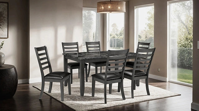 FOA West Adia 7-piece dining table set with grey and brown finish, featuring a spacious rectangular dining table and matching chairs.
