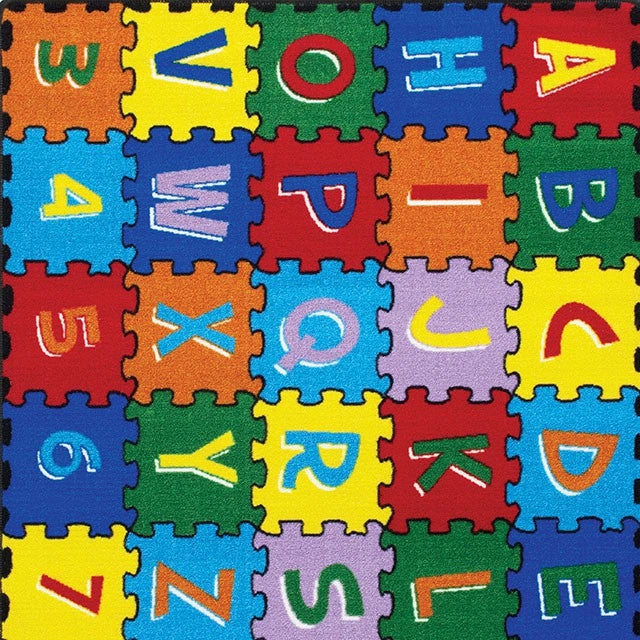 FOA West Abbey Alphabet multi-colored area rug, 4'9" x 6'9", with alphabet pattern and vibrant design on textured fabric.