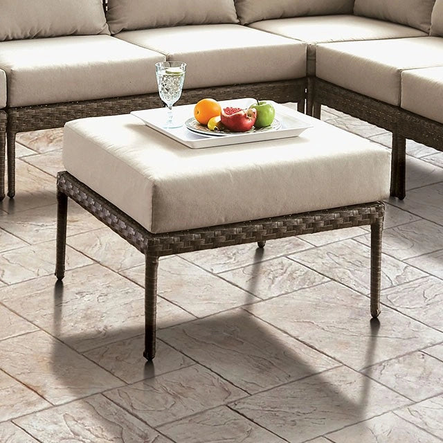 FOA West ALEISHA outdoor patio ottoman with cushioned top, suitable for outdoor seating and relaxation on patio furniture.