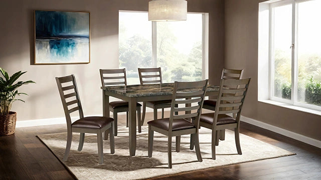 FOA West Adia 7-piece dining table set with grey and brown finish, featuring a sturdy dining table and matching chairs.