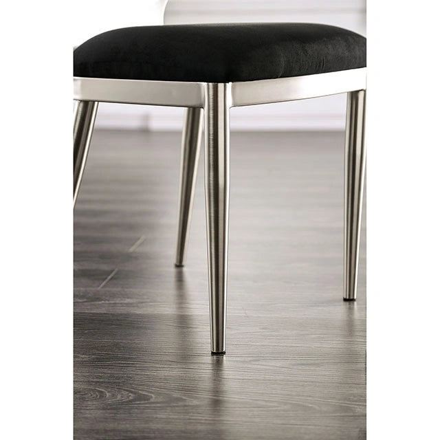 Pair of FOA West Abner Side Chairs, modern dining chairs with wooden legs and cushioned seats, shown in a stylish dining setting