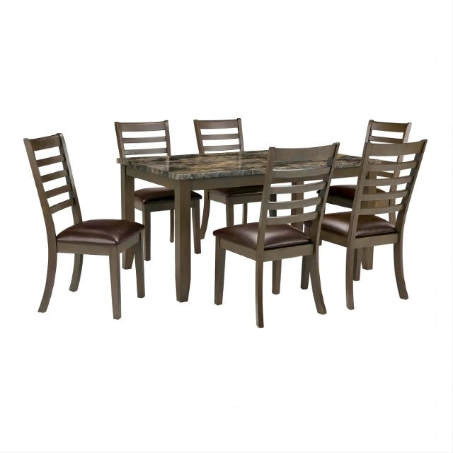 FOA West Adia 7-piece dining table set with grey and brown finish, featuring a modern dining table and matching chairs.