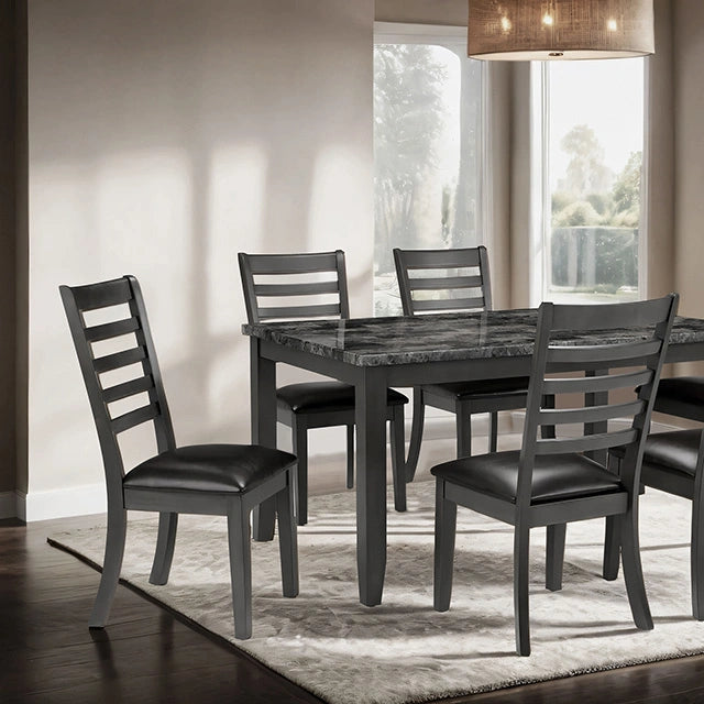FOA West Adia 7-piece dining table set with grey and brown finish, featuring a sturdy wooden dining table and matching chairs.