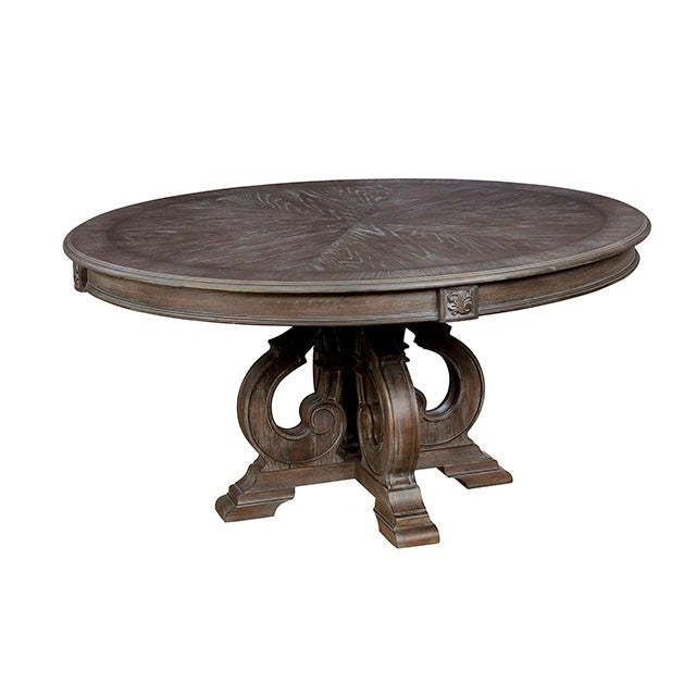 FOA West Arcadia rustic round dining table in natural wood tone, showcasing its sturdy wooden surface and classic design.
