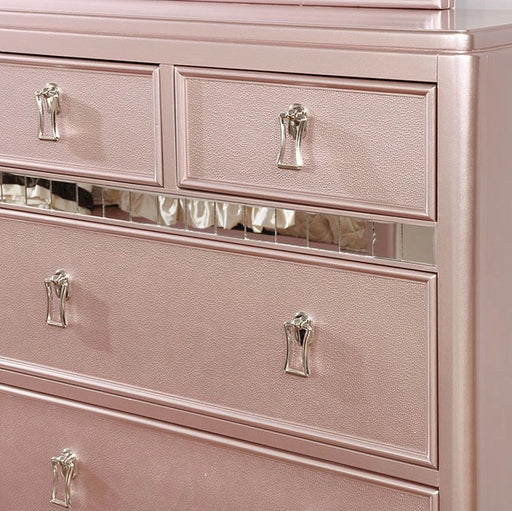 Ariston Rose Gold Dresser by FOA West featuring sleek rose gold finish and modern design with multiple drawers for storage