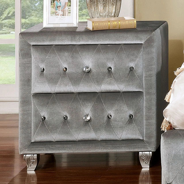 Gray FOA West Alzir Nightstand with a modern design, featuring a single drawer and sleek tabletop surface.