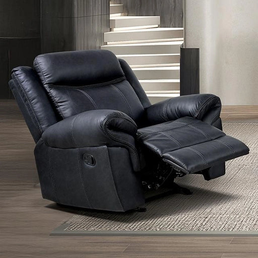 FOA West Agata Glider Recliner in plush fabric with a modern design, featuring a comfortable reclining and gliding mechanism.